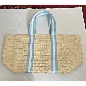 Mark & Graham OVERSIZED RIBBON STRAW‎ BEACH TOTE Blue NWOT - MONO Removed